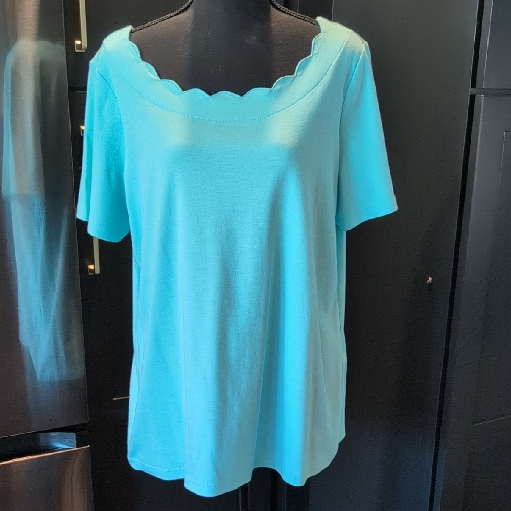 Kim Rogers Teal Scalloped Neck Tee XL 100% Cotton Casual Wardrobe Essential EUC